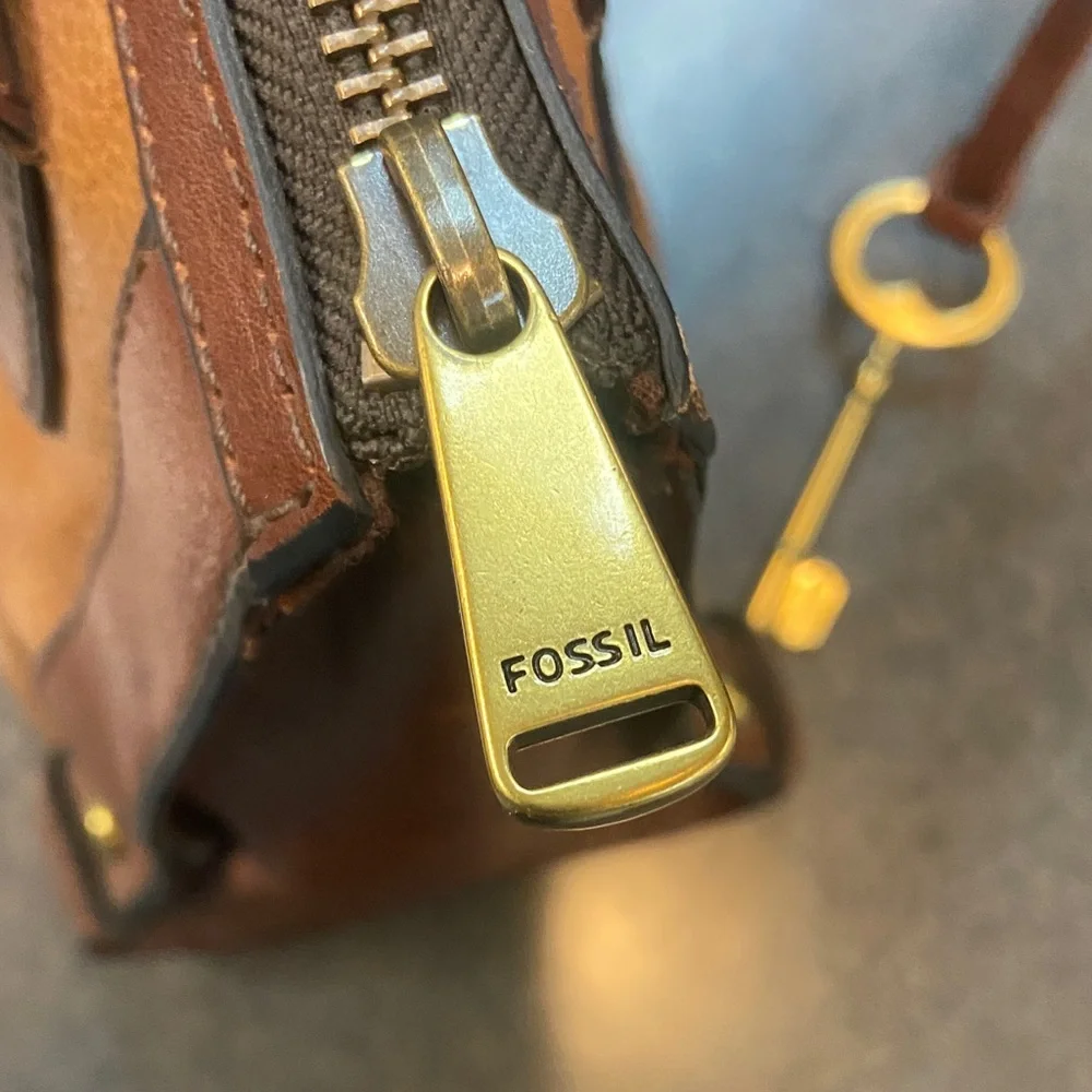 Fossil Two-Tone Tan and Brown Leather Satchel with Key Charm
